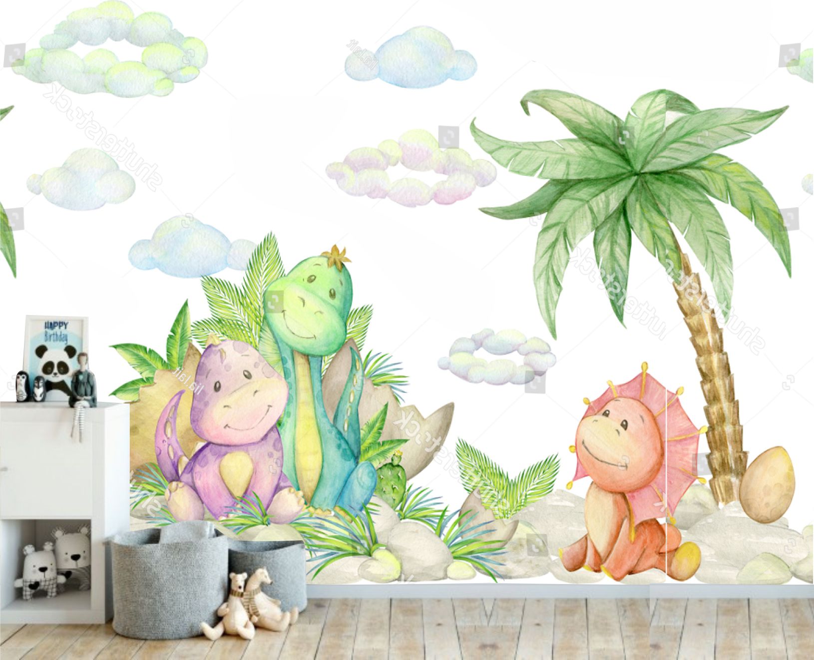PAPEL DE PAREDE DINOSSAURO AQUARELA INFANTIL