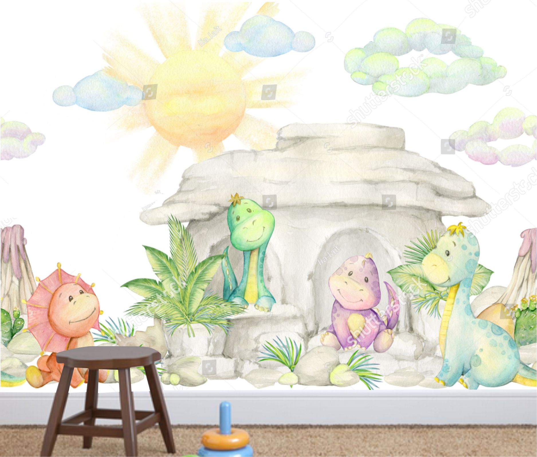 PAPEL DE PAREDE DINOSSAURO AQUARELADO