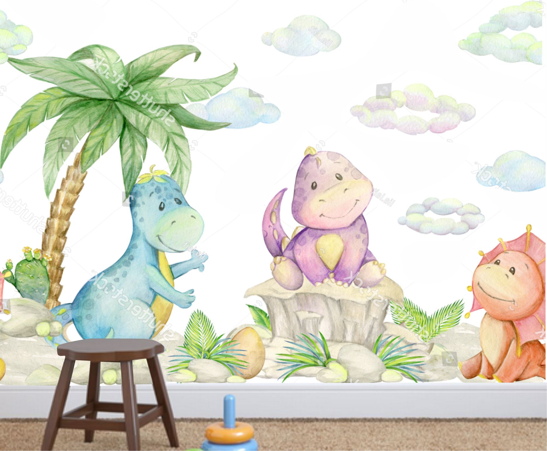 Papel de Parede Infantil Dinossauro Baby Aquarela Para Decorar Quarto