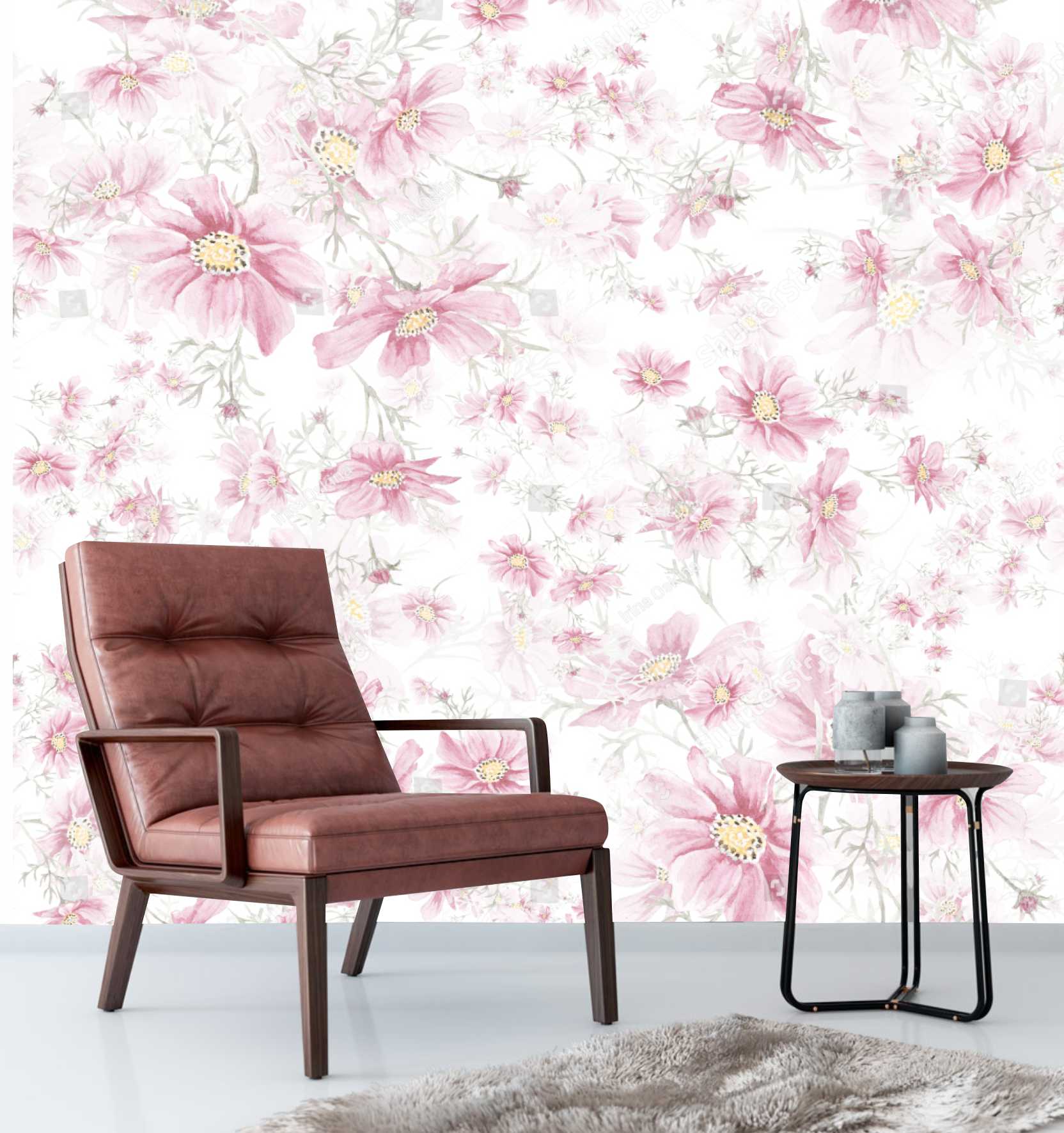 PAPEL PAREDE FLORES AQUARELA ROSA