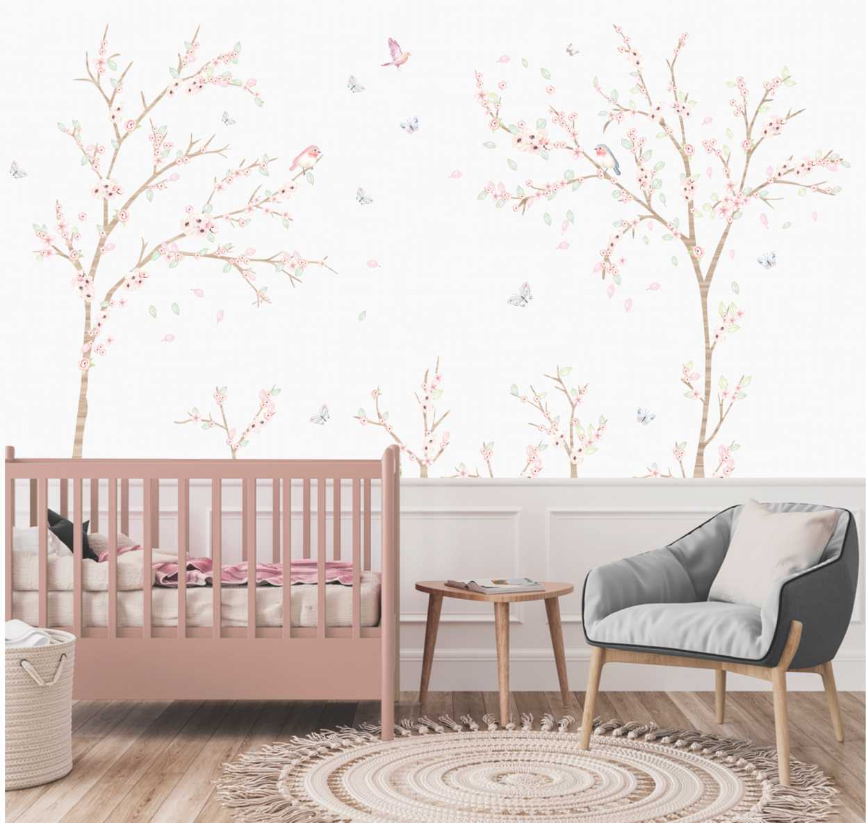 PAPEL DE PAREDE ARVORES E GALHOS AQUARELA COM BORBOLETAS