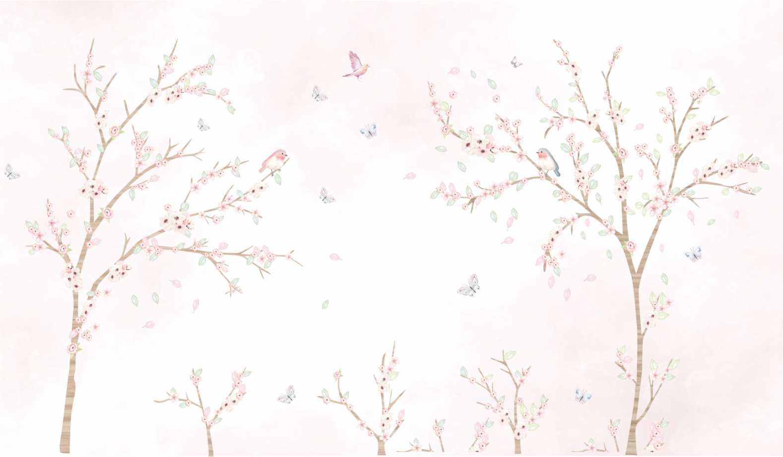 PAPEL DE PAREDE ARVORES E GALHOS AQUARELA COM BORBOLETAS