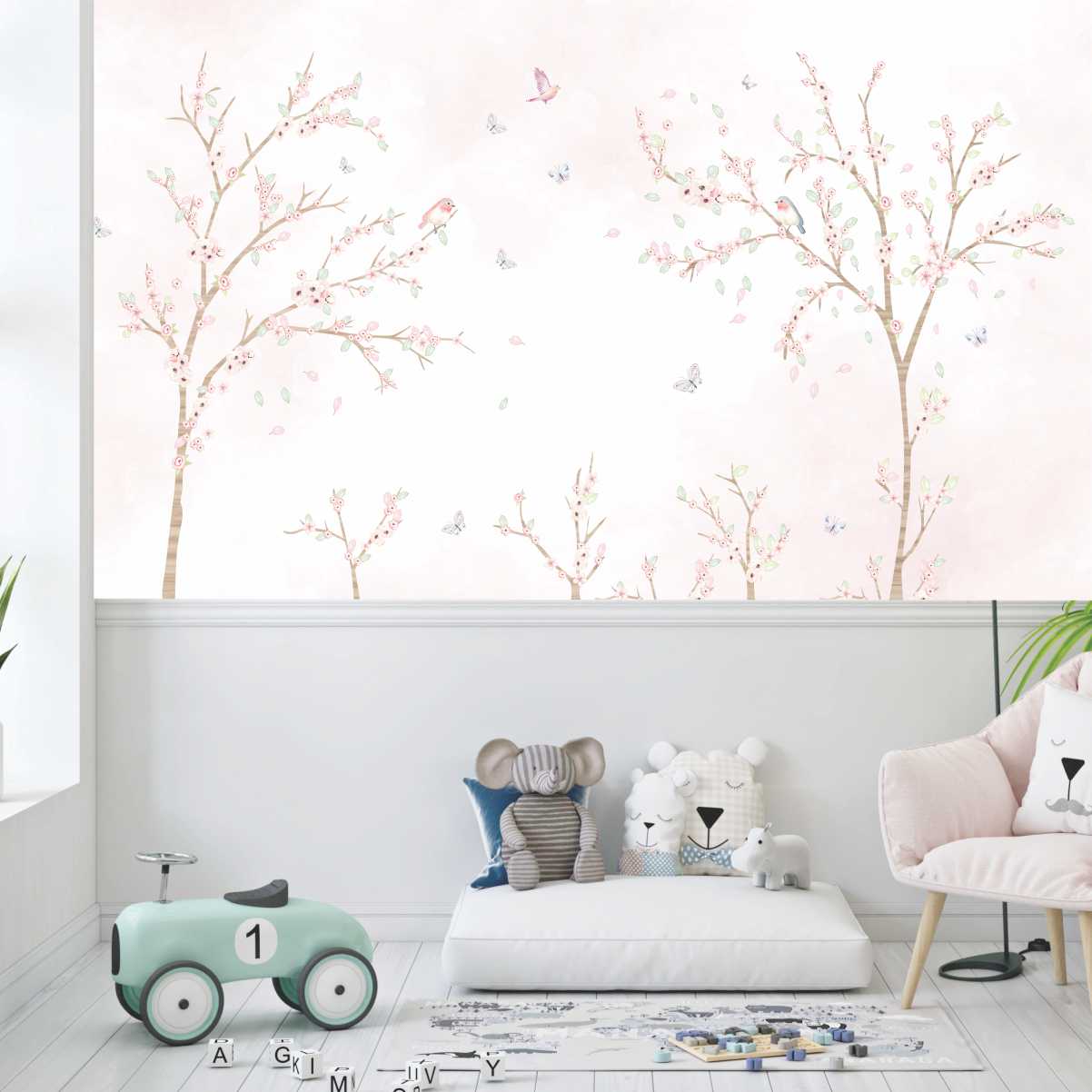 PAPEL DE PAREDE ARVORES E GALHOS AQUARELA COM BORBOLETAS