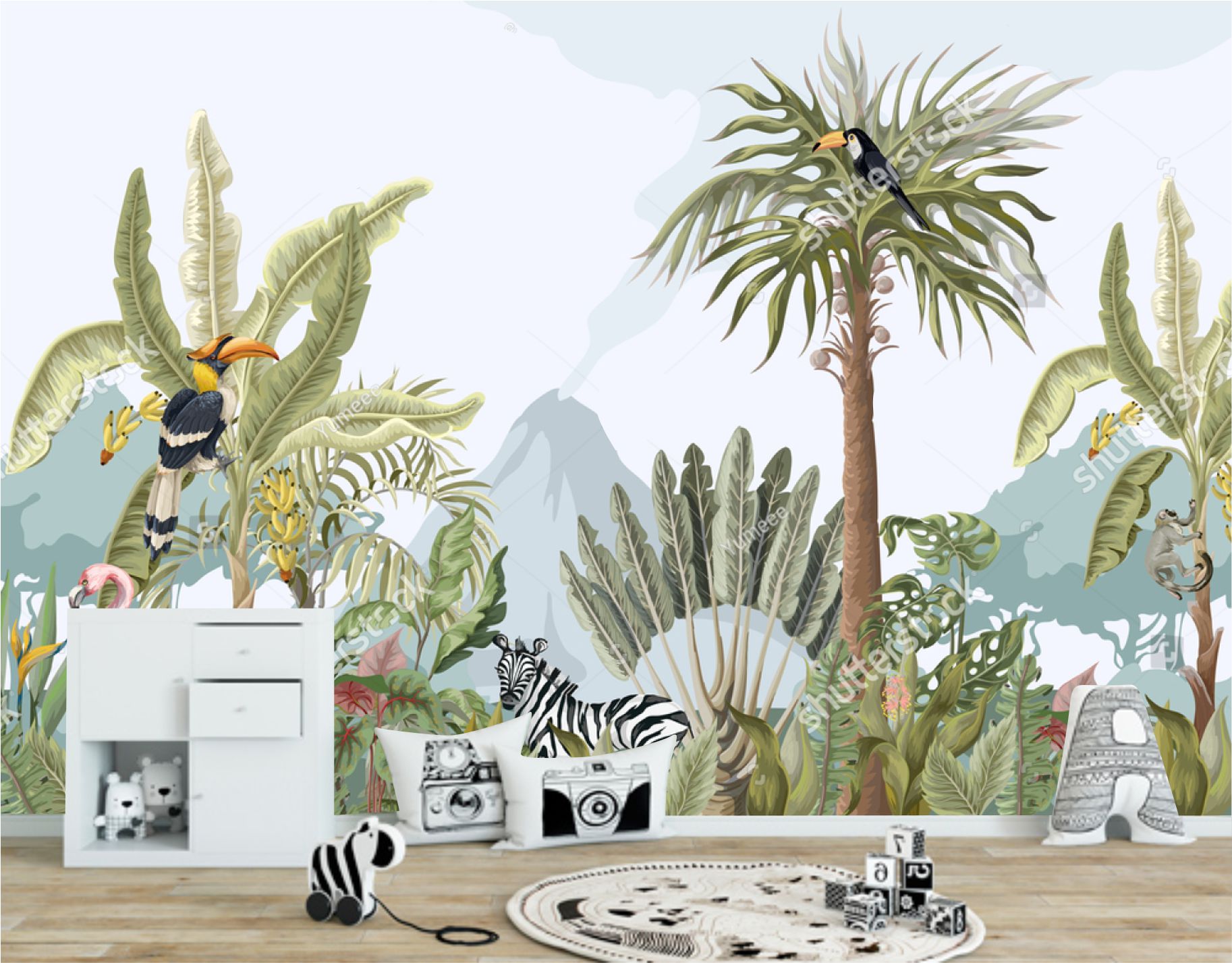 PAPEL DE PAREDE FLORESTA SAFARI AQUARELA