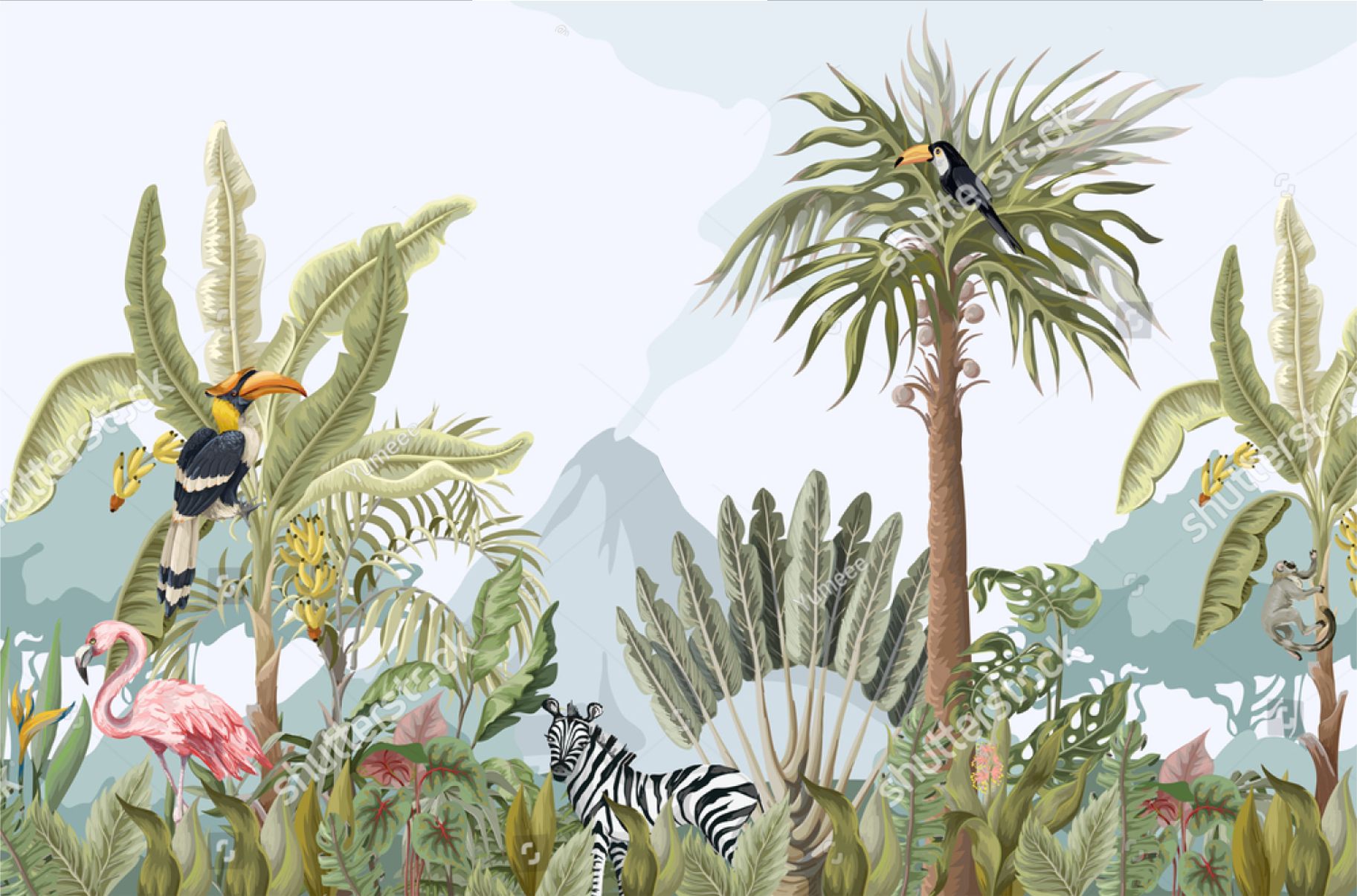 PAPEL DE PAREDE FLORESTA SAFARI AQUARELA