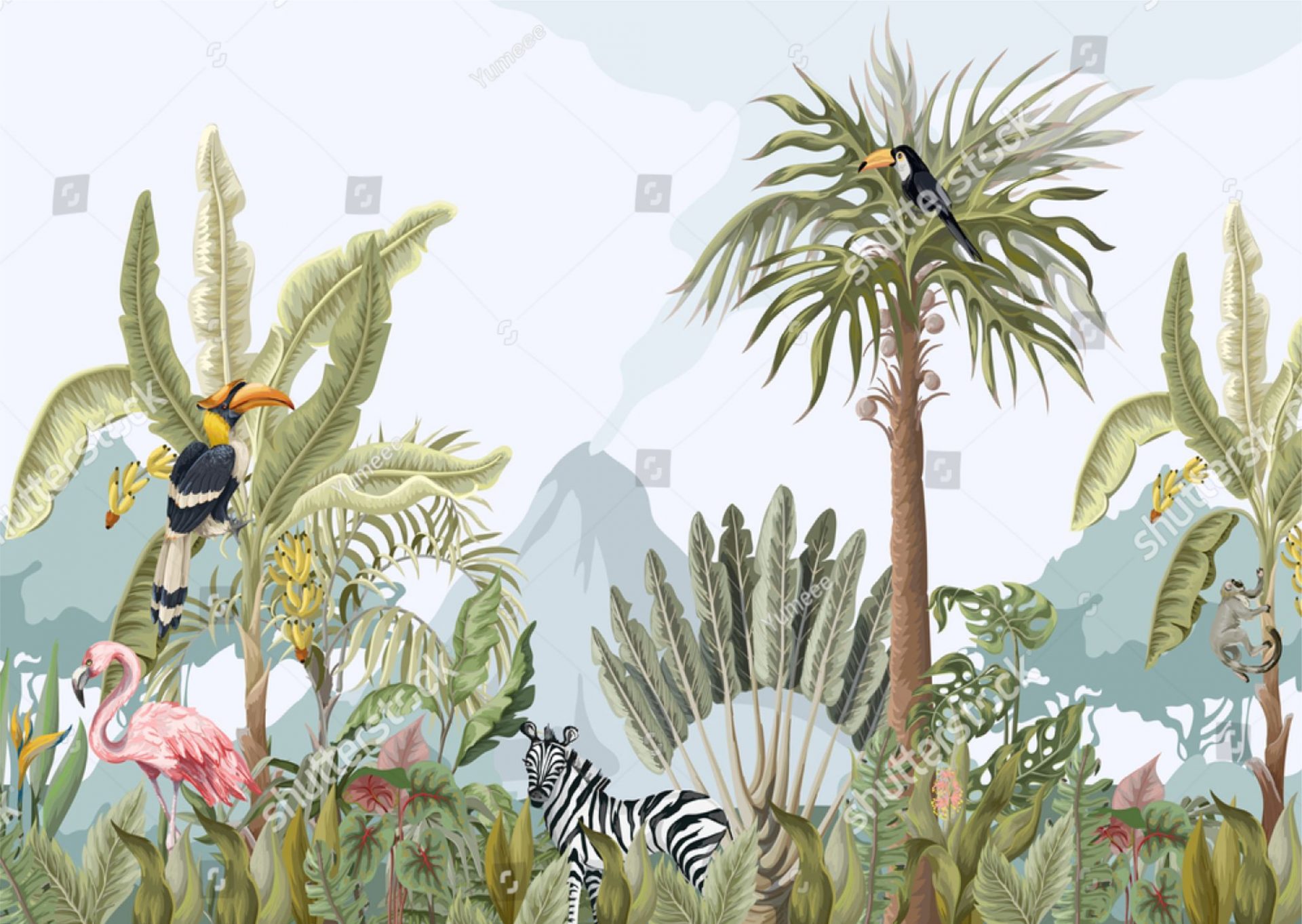 PAPEL DE PAREDE FLORESTA SAFARI AQUARELA