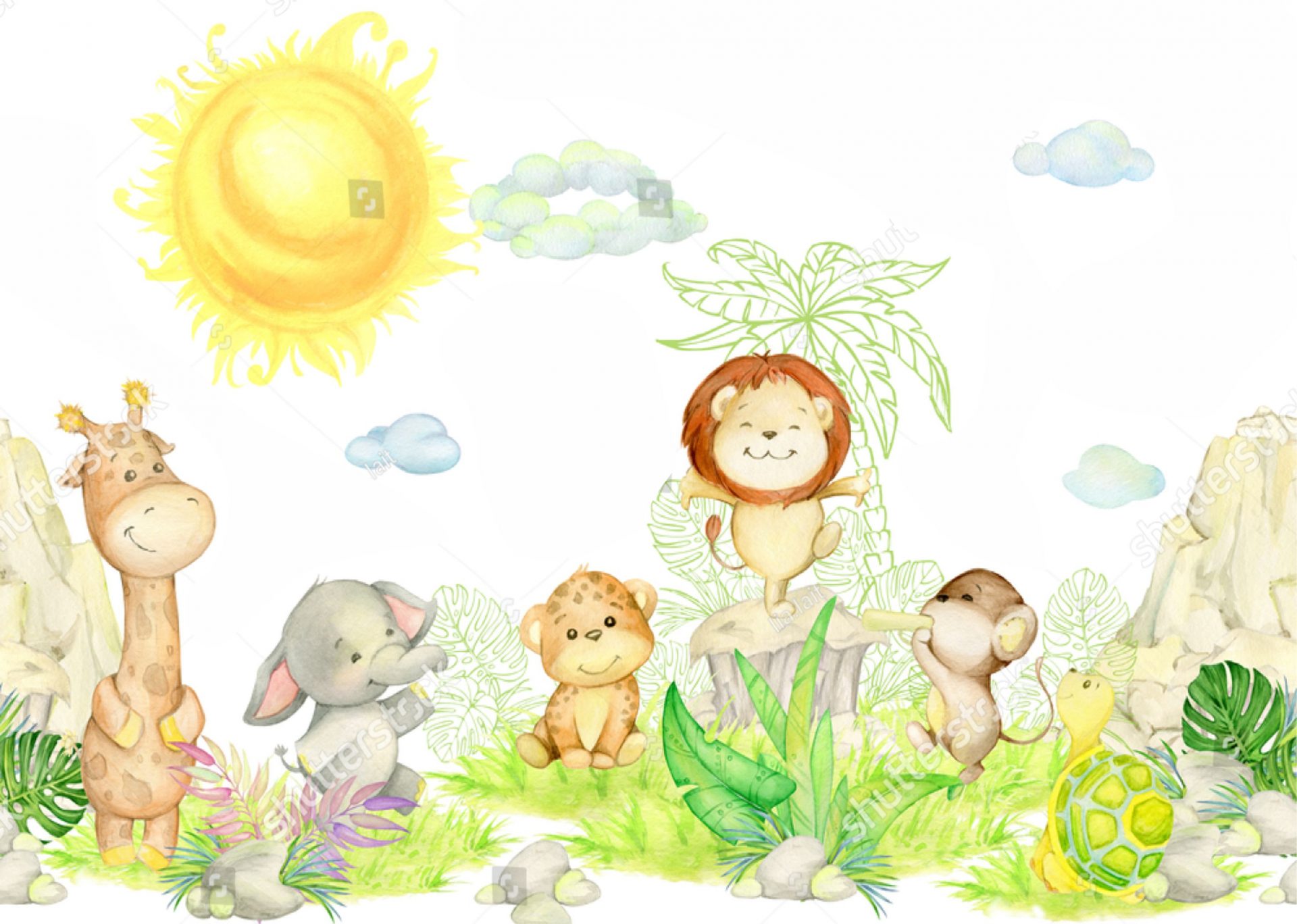 PAPEL DE PAREDE SAFARI ANIMAIS INFANTIL AQUARELA
