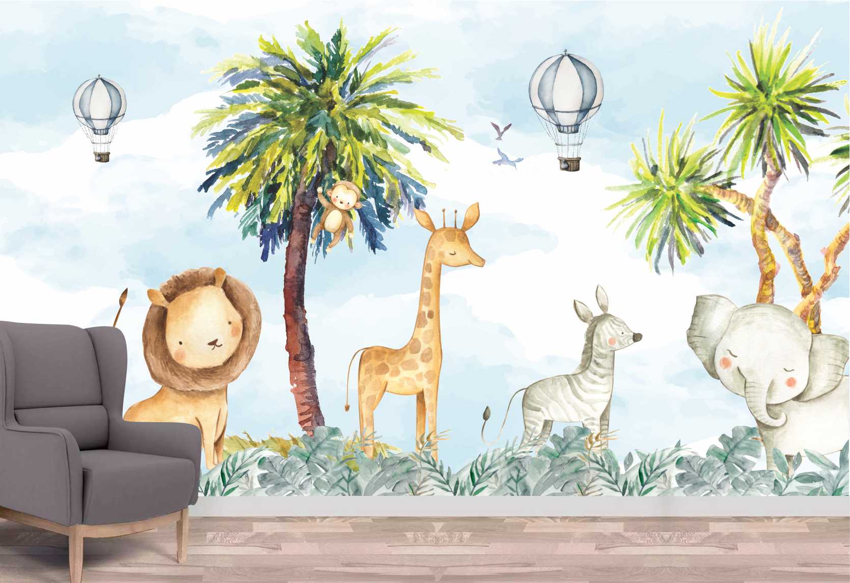 PAPEL DE PAREDE SAFARI FLORESTA AQUARELA