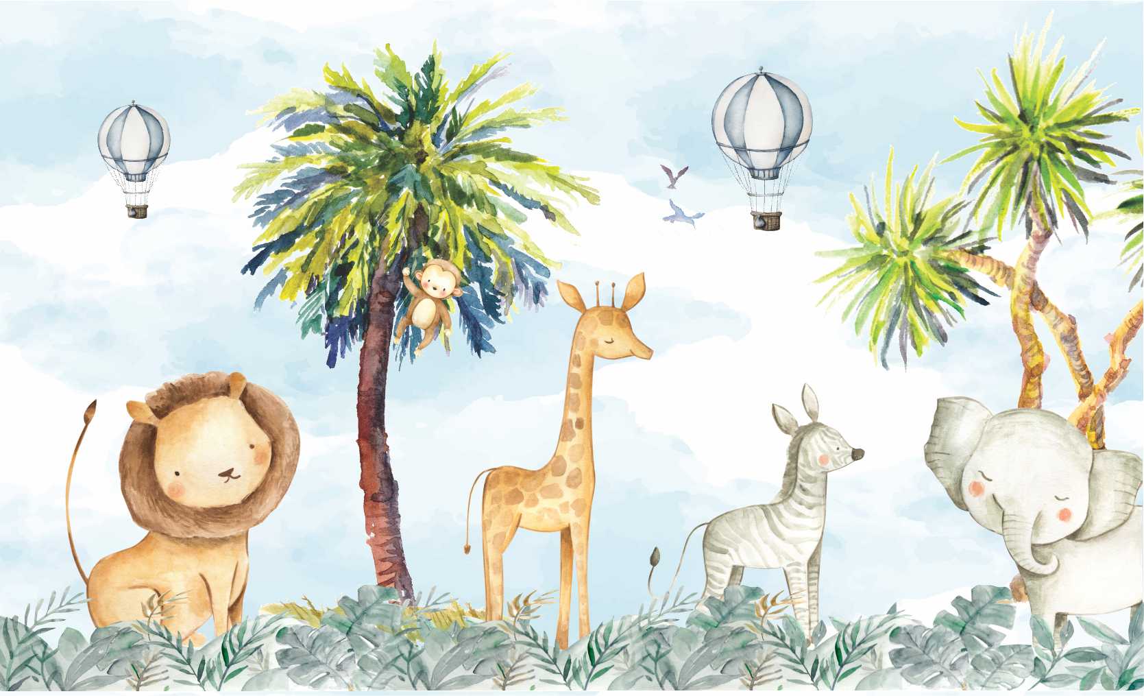 PAPEL DE PAREDE SAFARI FLORESTA AQUARELA