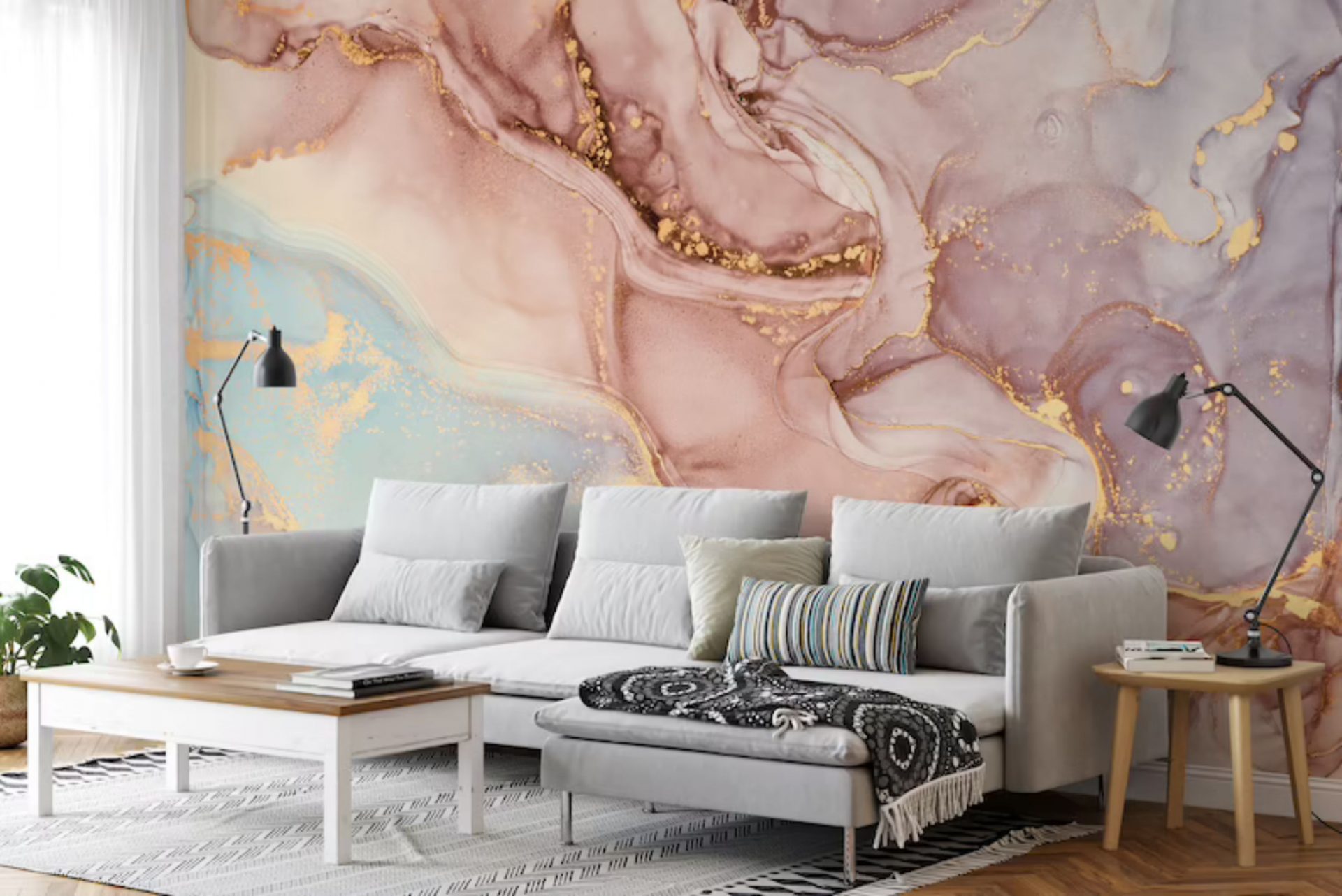PAPEL DE PAREDE LAVAVEL EFEITO MARMORE ROSE GOLD