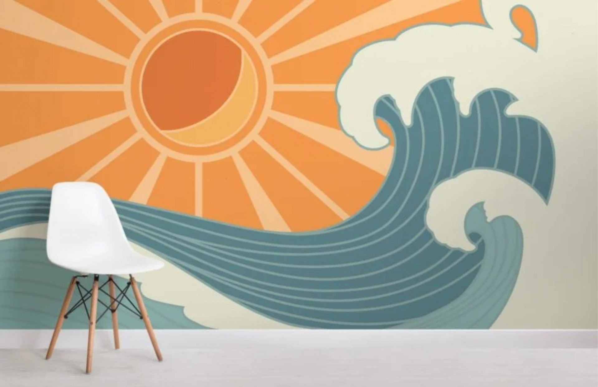 PAPEL DE PAREDE SURF COM ONDA E SOL VINTAGE