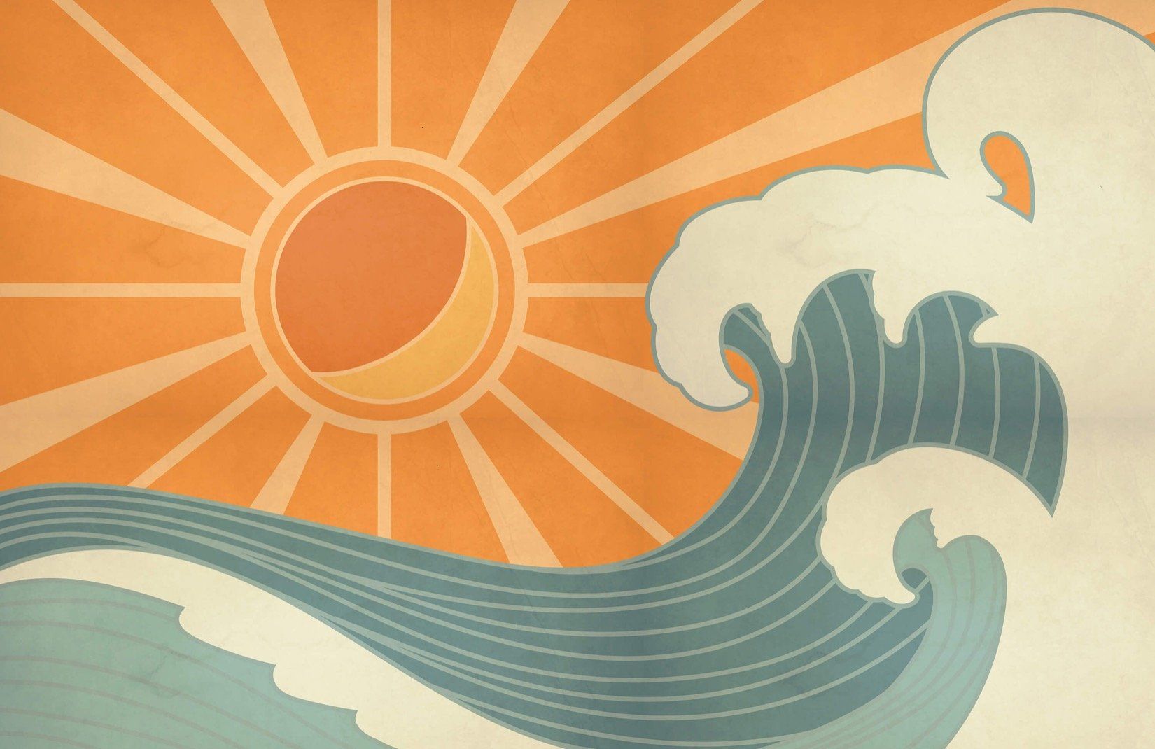 PAPEL DE PAREDE SURF COM ONDA E SOL VINTAGE