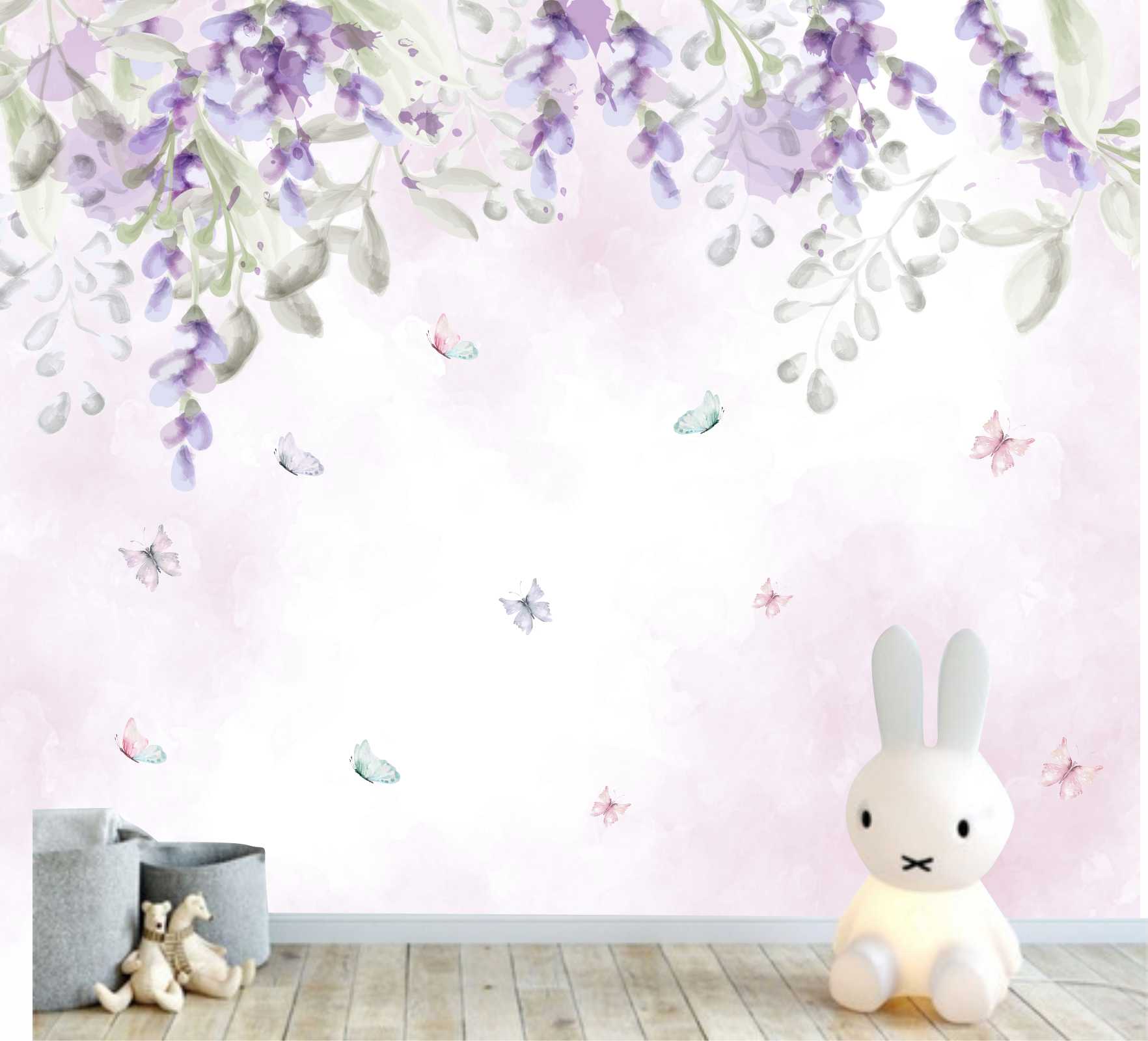 PAPEL DE PAREDE FLORES CAINDO DO TETO AQUARELA LILAS COM BORBOLETAS