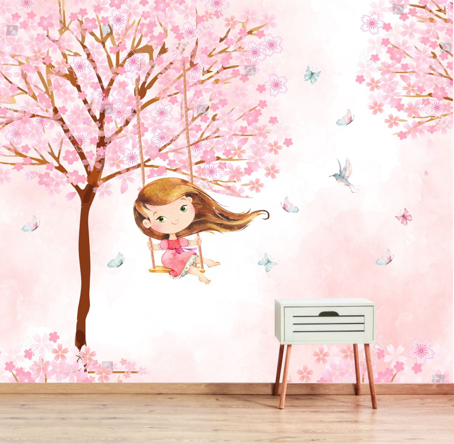 PAPEL DE PAREDE MENINA NO BALANÇO COM ARVORE AQUARELA