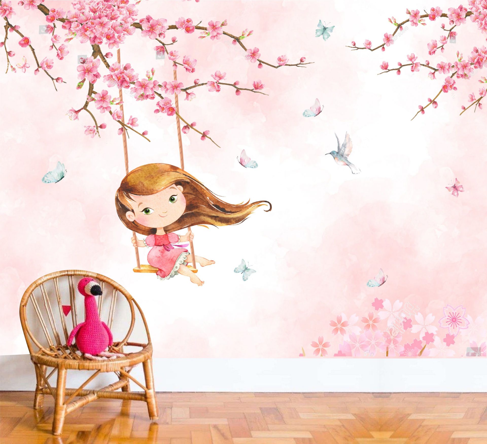 PAPEL DE PAREDE GALHOS COM MENINA NO BALANÇO AQUARELA
