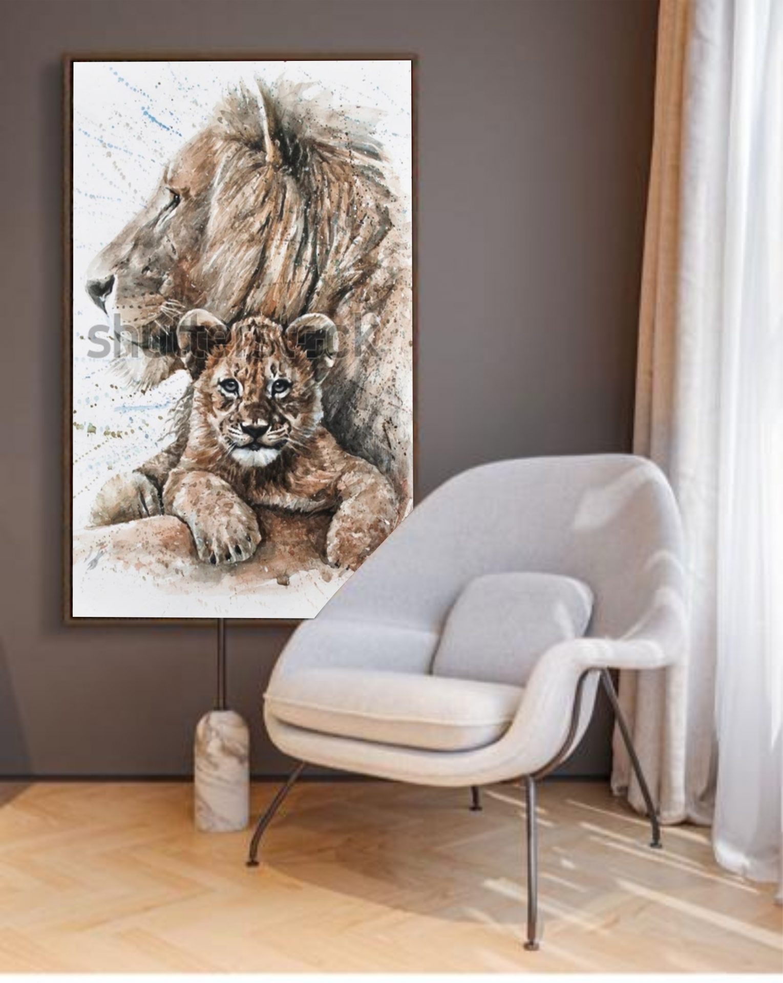 QUADRO EM CANVAS LEOA COM FILHOTE EM AQUARELA