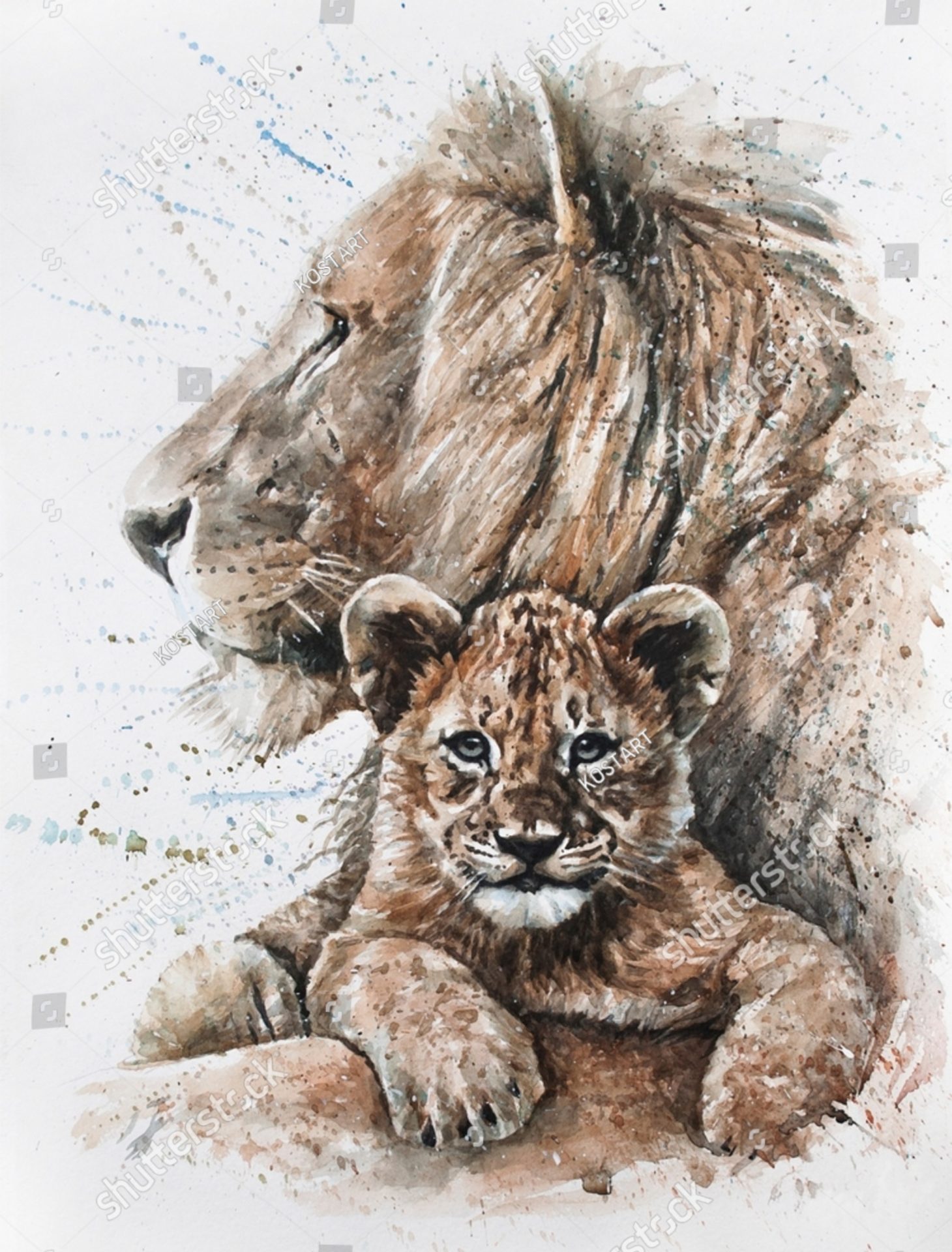 QUADRO EM CANVAS LEOA COM FILHOTE EM AQUARELA