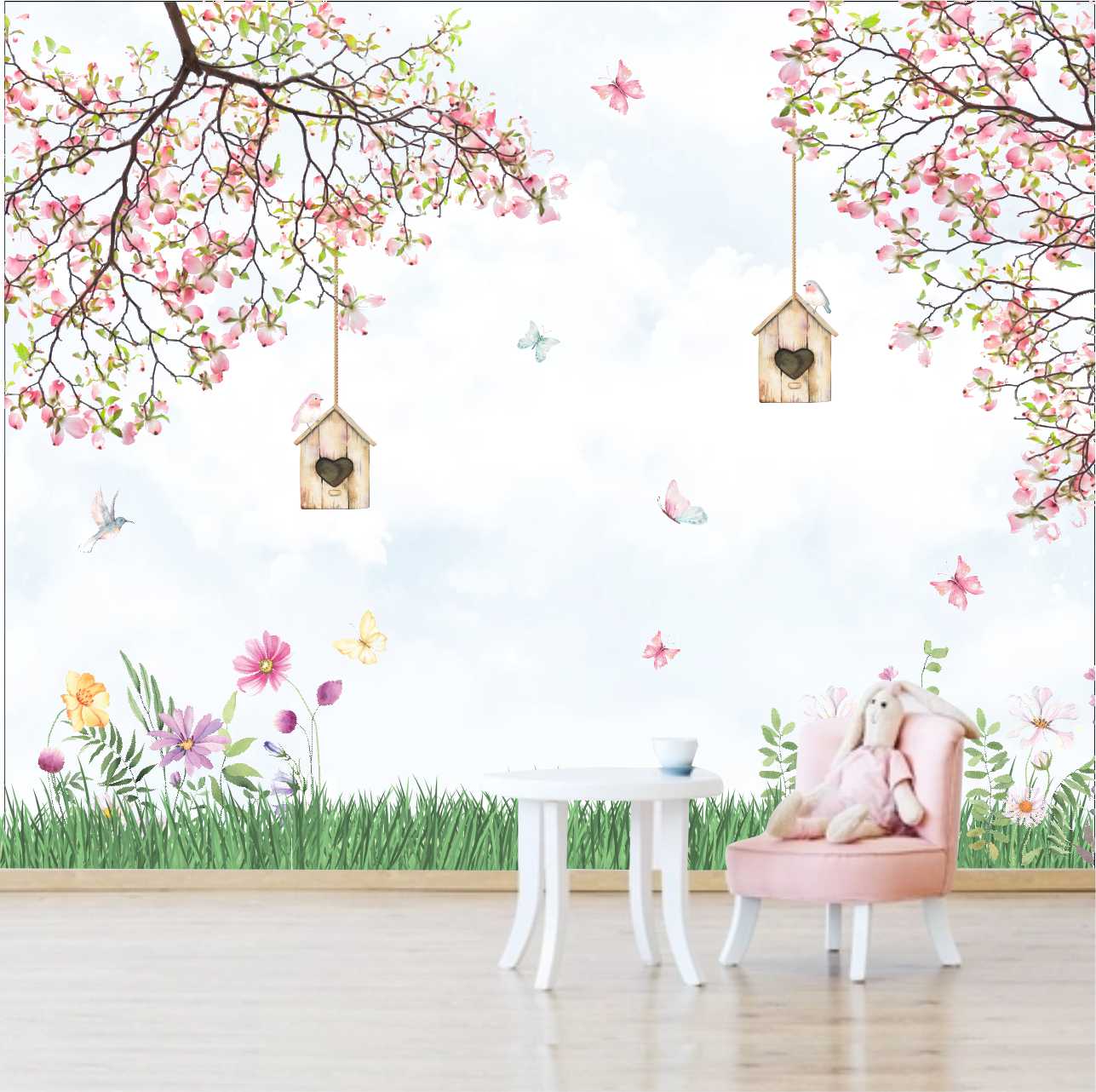 PAPEL DE PAREDE JARDIM DE BORBOLETAS COM CAIOLAS DE PASSAROS