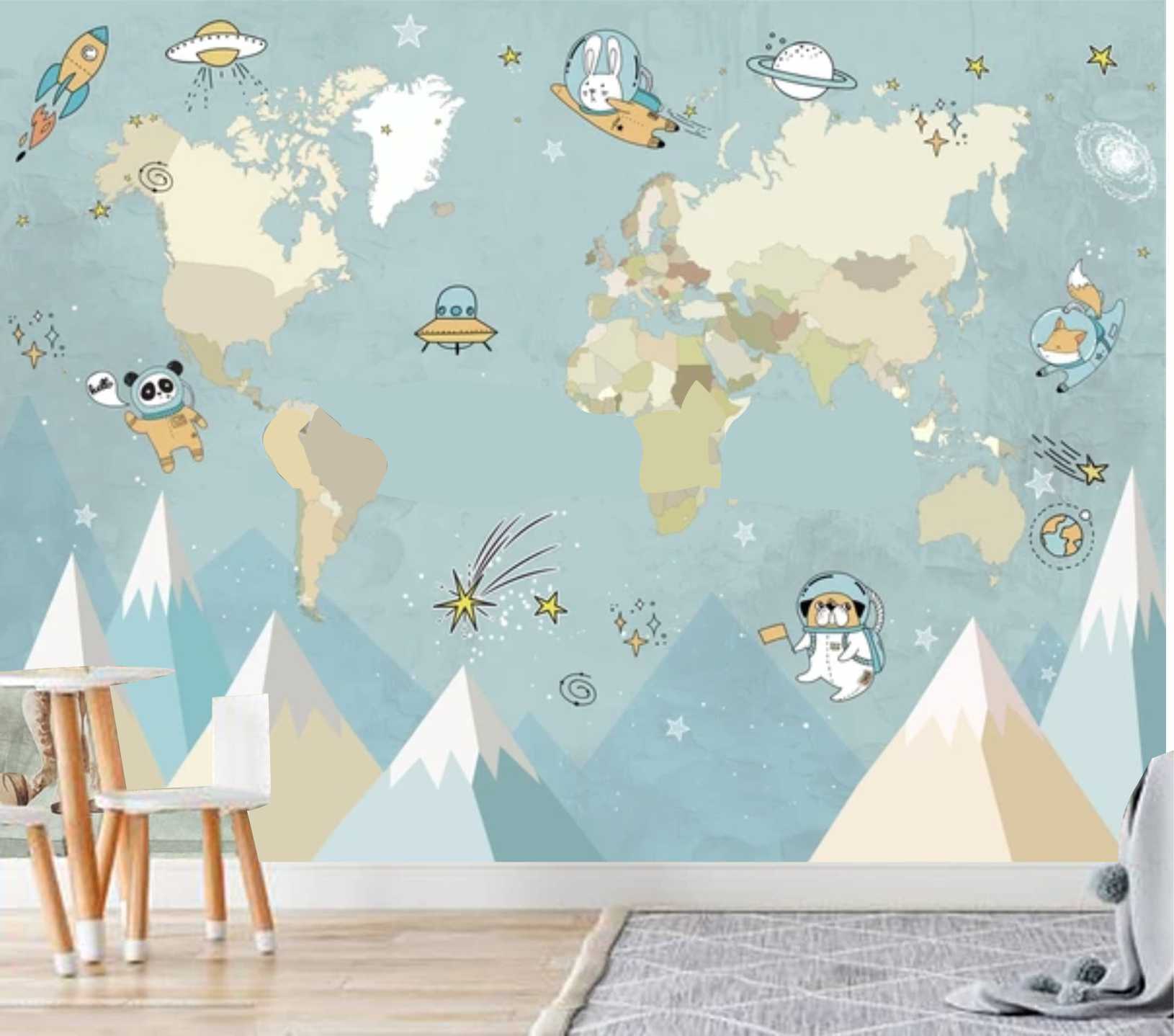 PAPEL DE PAREDE MONTANHAS COM MAPA MUNDO E ANIMAIS