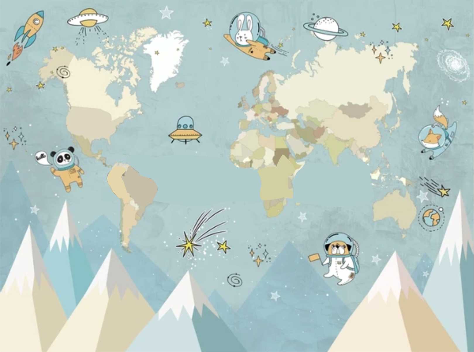 PAPEL DE PAREDE MONTANHAS COM MAPA MUNDO E ANIMAIS