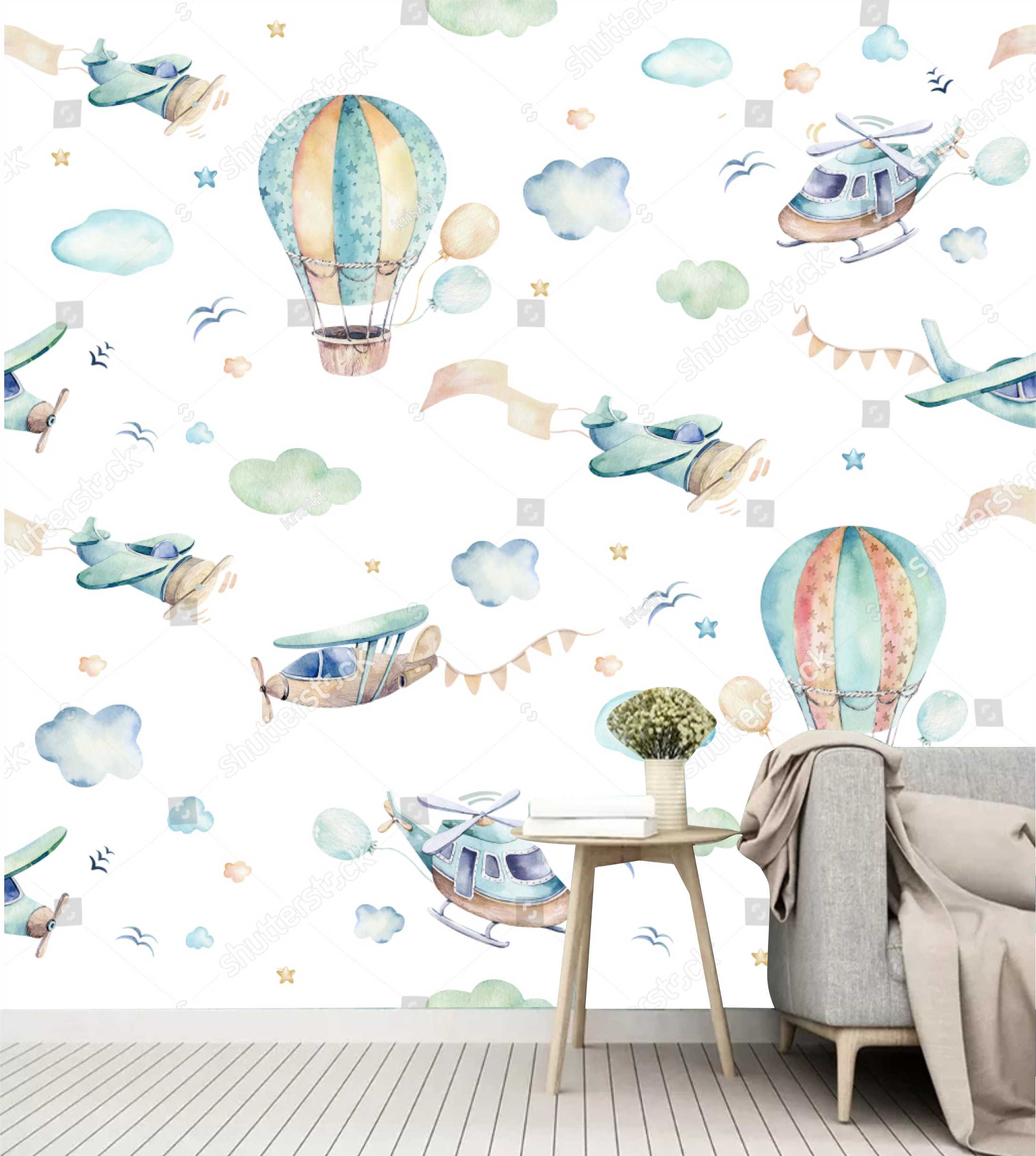 PAPEL DE PAREDE BALOES E AVIÕES AQUARELA
