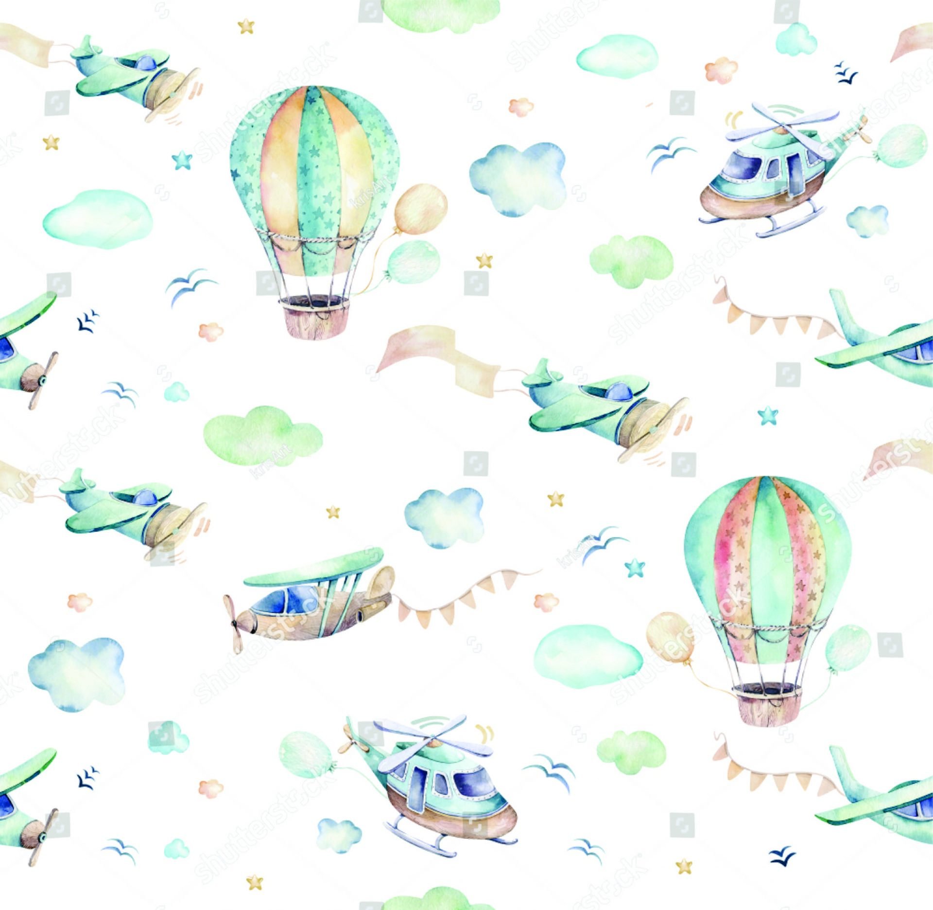 PAPEL DE PAREDE BALOES E AVIÕES AQUARELA
