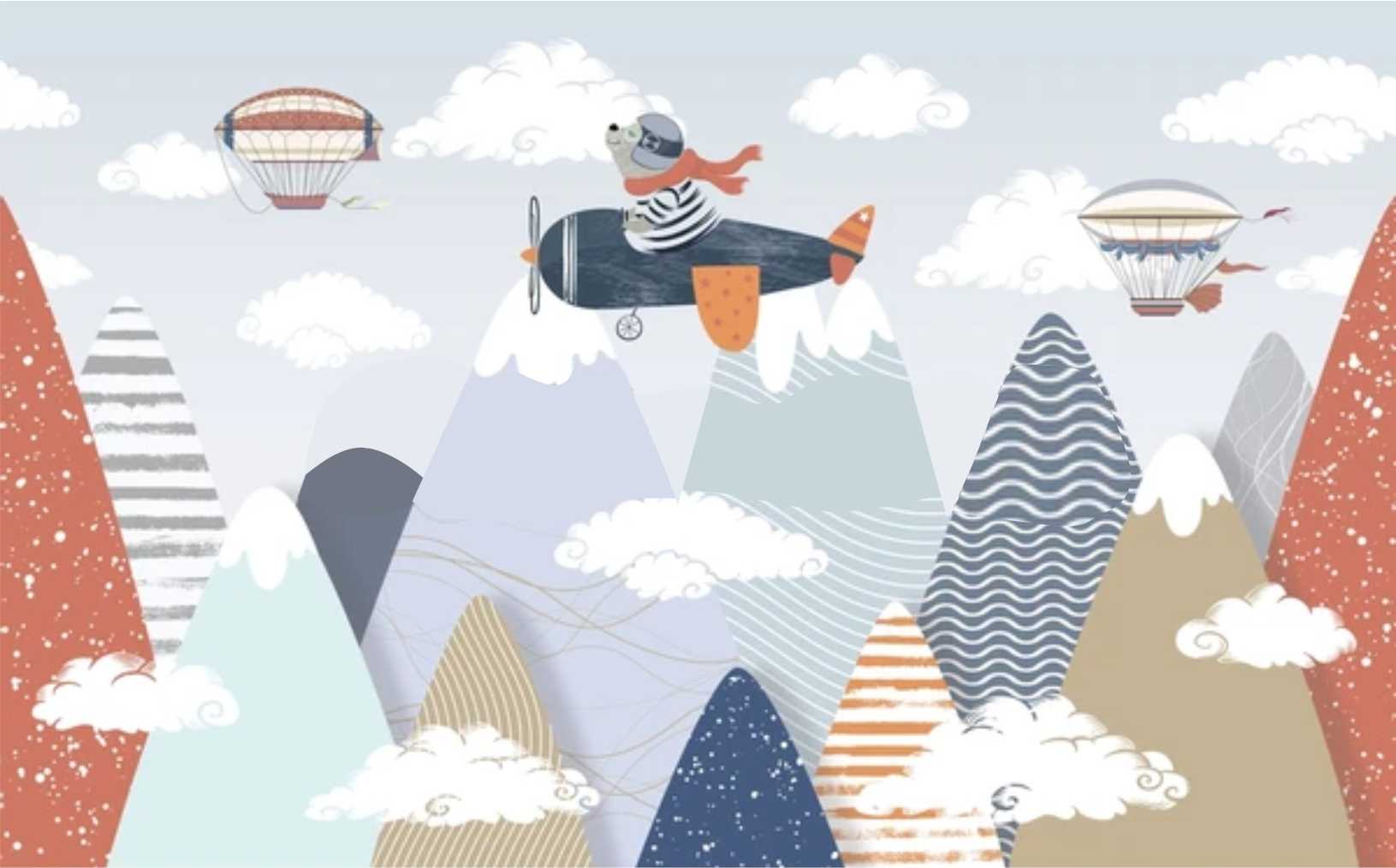 PAPEL DE PAREDE BALÕES COM MONTANHAS E AVIÕES COM URSO