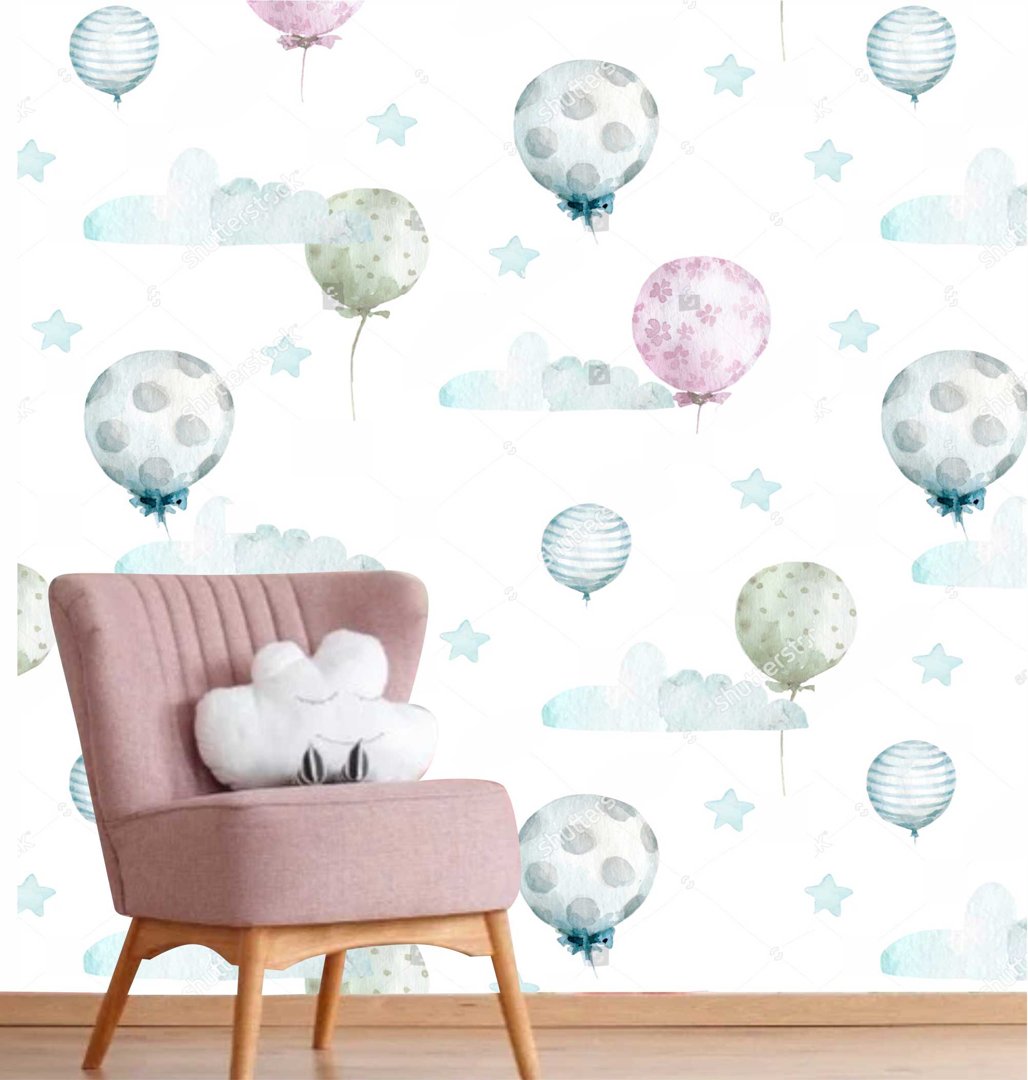 PAPEL DE PAREDE BALÕES E NUVENS AQUARELA