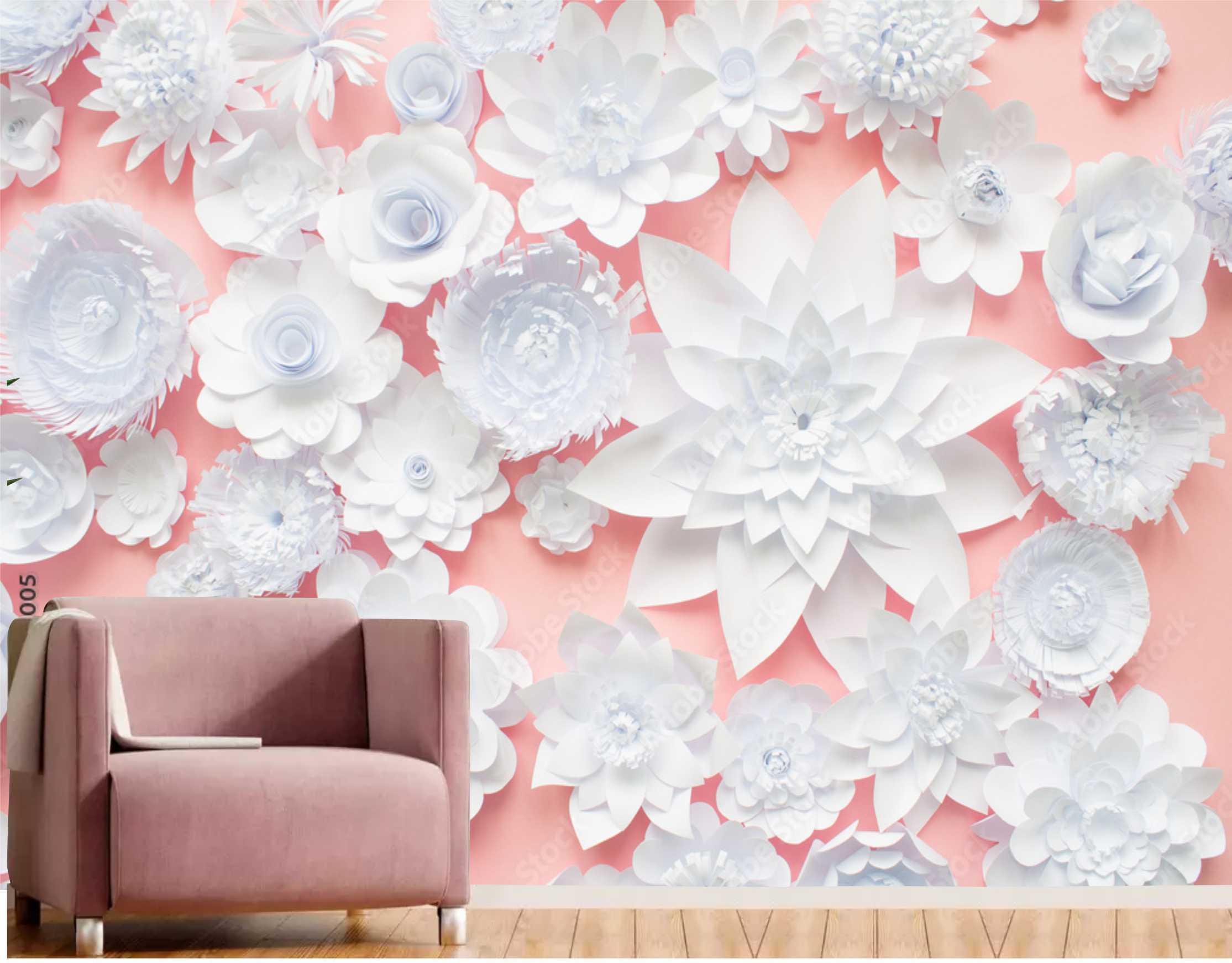PAPEL DE PAREDE FLORES 3D COM FUNDO ROSA