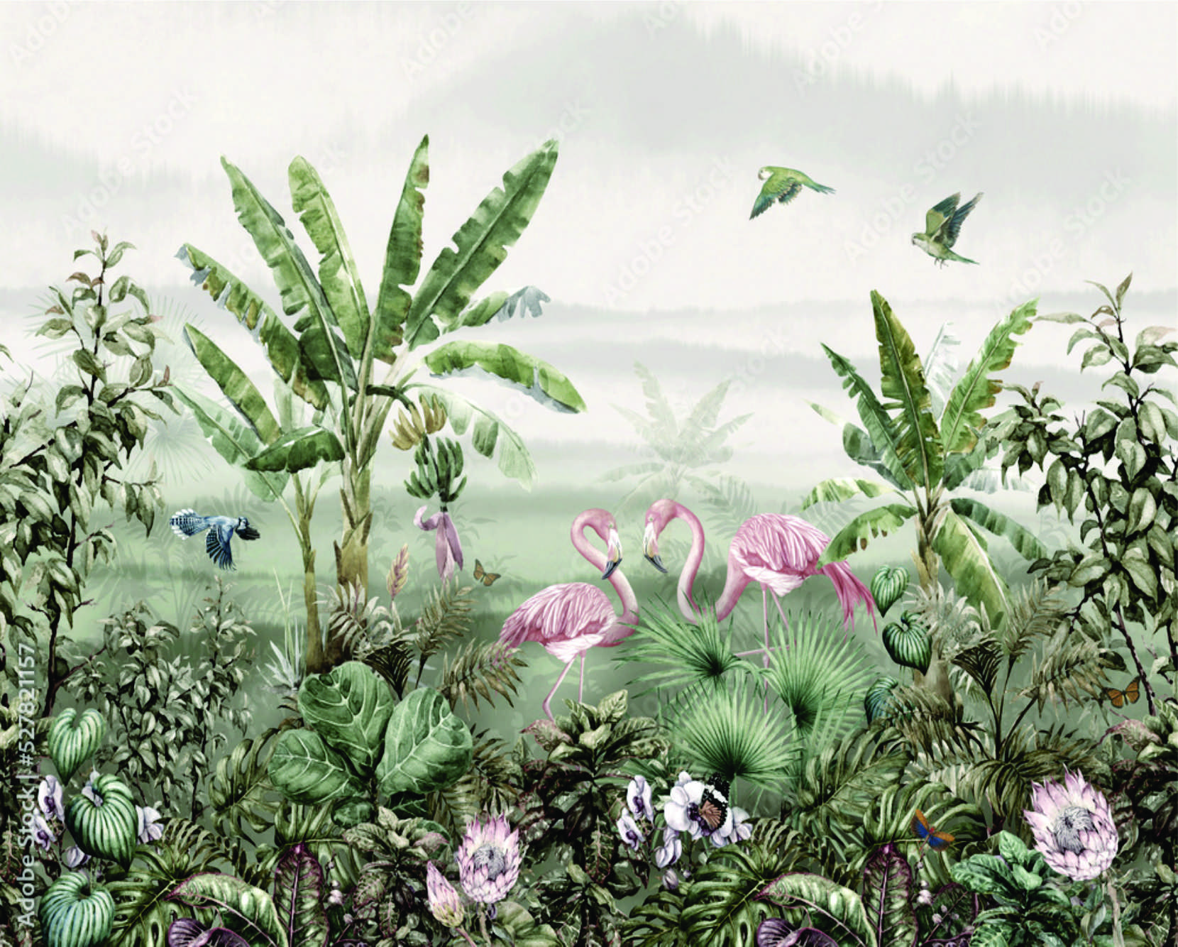 PAPEL DE PAREDE FLAMINGOS NA FLORESTA