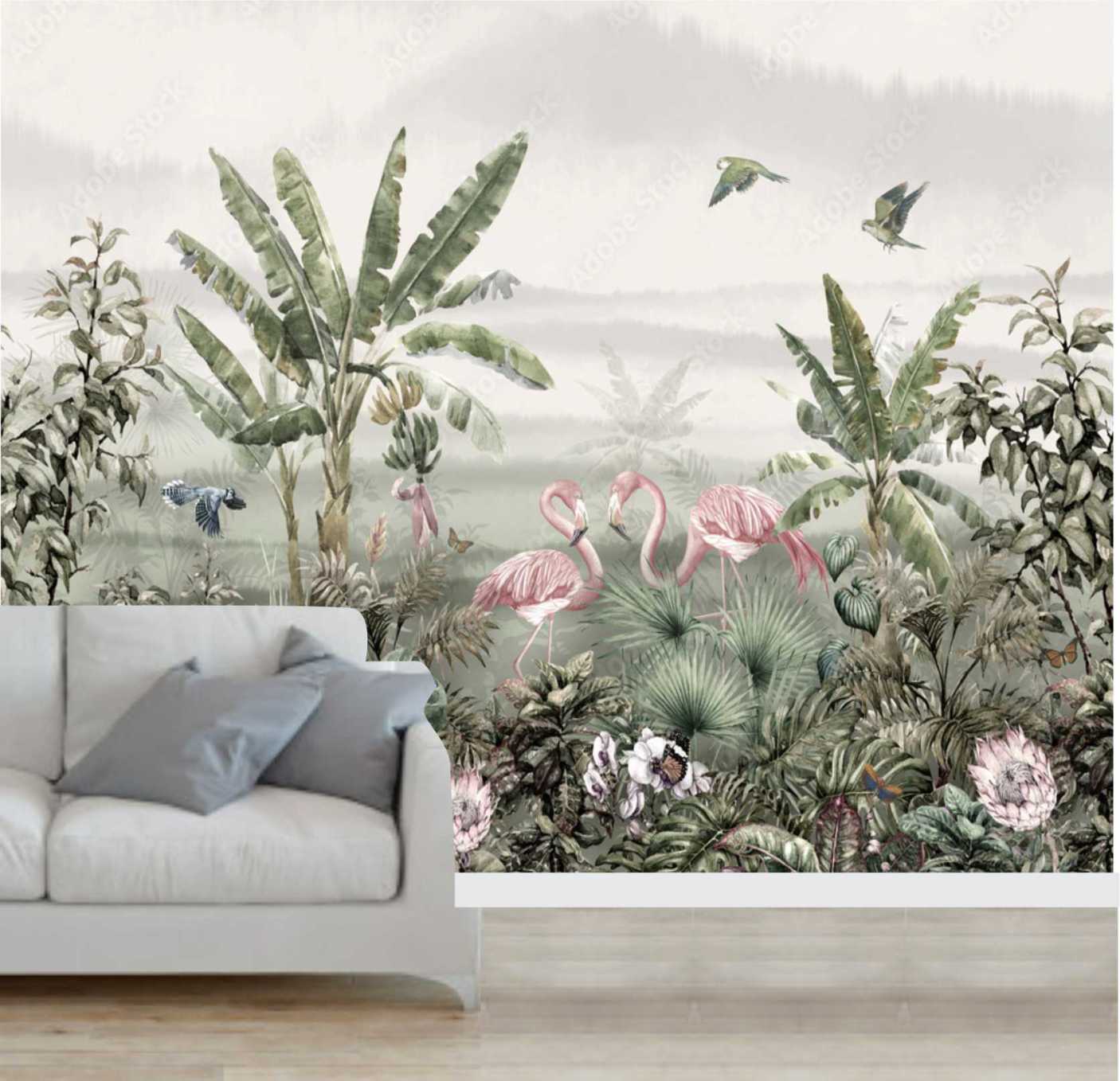 PAPEL DE PAREDE FLAMINGOS NA FLORESTA