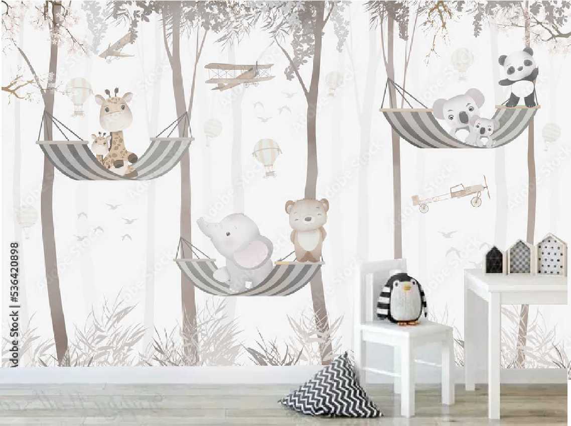 PAPEL DE PAREDE FLORESTA ARVORE COM ANINAIS NA REDE