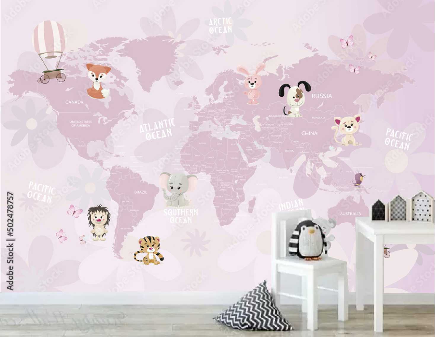 PAPEL PAREDE MAPA MUNDO MUNDI ROSA