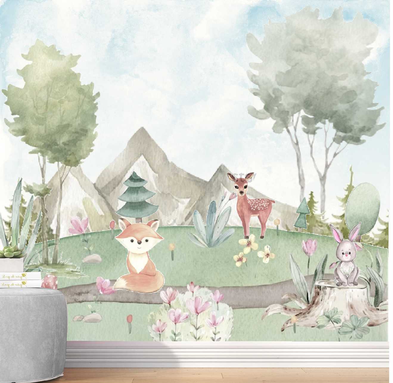 PAPEL DE PAREDE FLORESTA AQUARELA COM ANIMAIS
