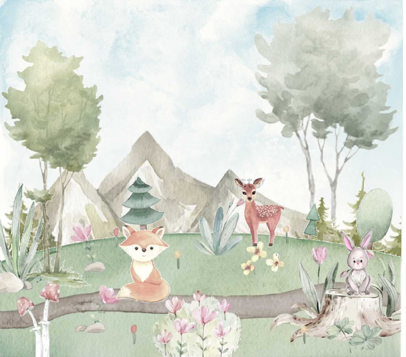 PAPEL DE PAREDE FLORESTA AQUARELA COM ANIMAIS