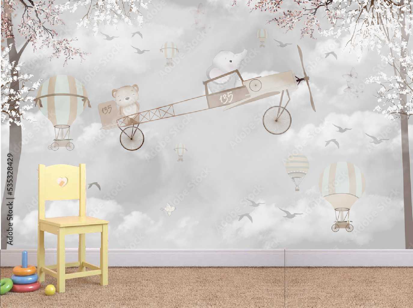 PAPEL PAREDE AVIÃO COM ANIMAIS E BALÕES SAFARI AQUARELA ARVORE