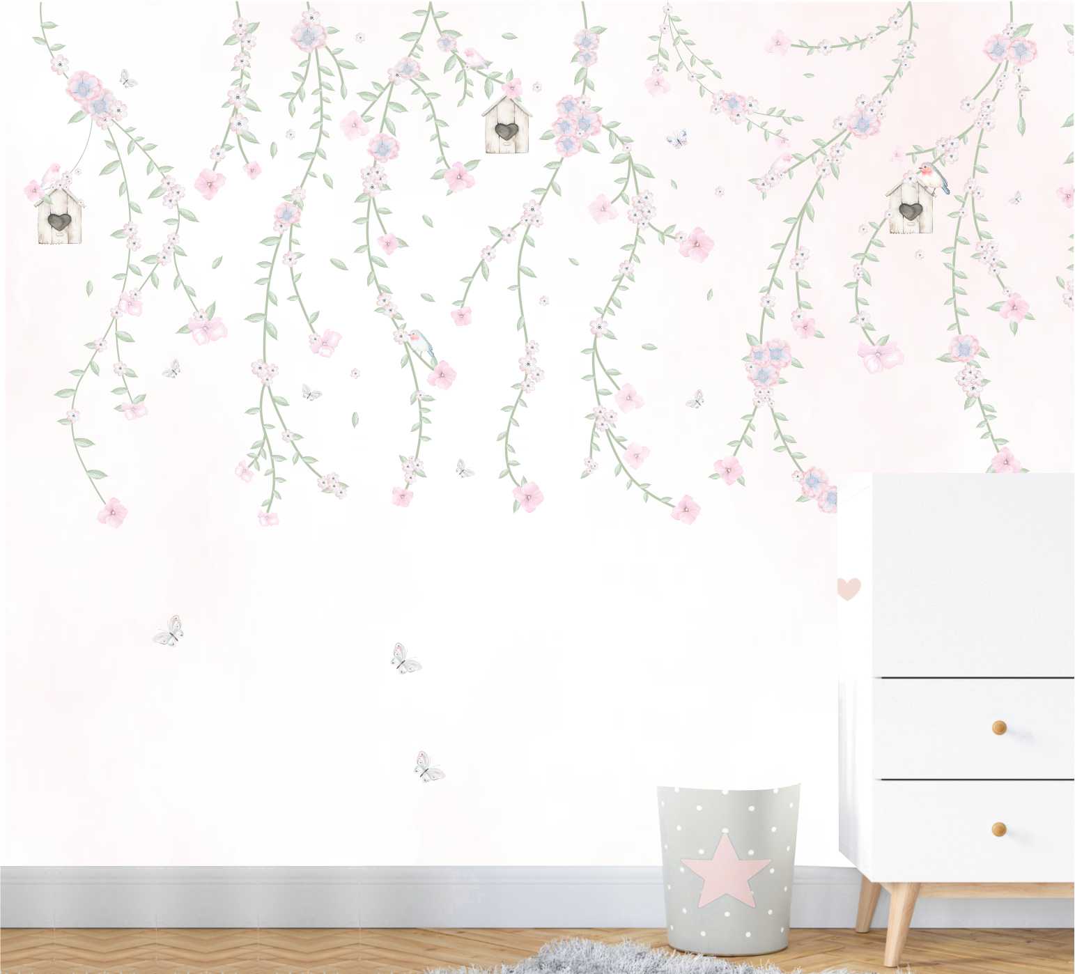 PAPEL DE PAREDE FLORES FLORAL DE CAINDO DE CIMA FUNDO AQUARELA COM GAIOLAS