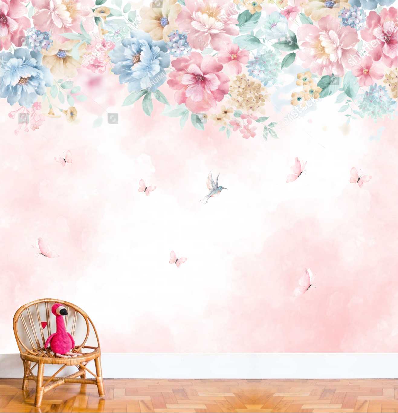 PAPEL PAREDE FLORES EM CIMA COM BORBOLETAS