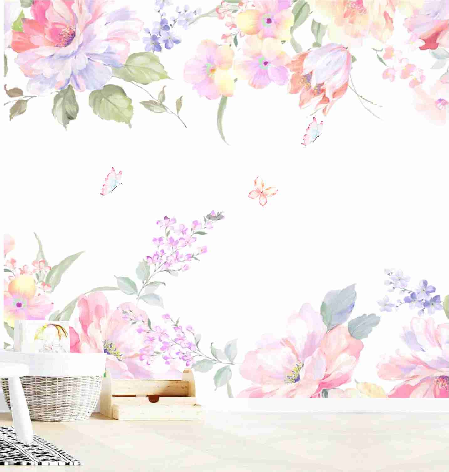 PAPEL DE PAREDE FLORES E BORBOLETAS AQUARELA