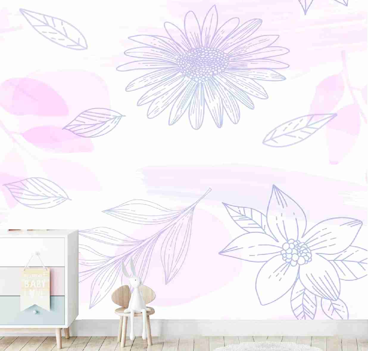 PAPEL DE PAREDE FLORES E FOLHAS LILAIS COM ROSA