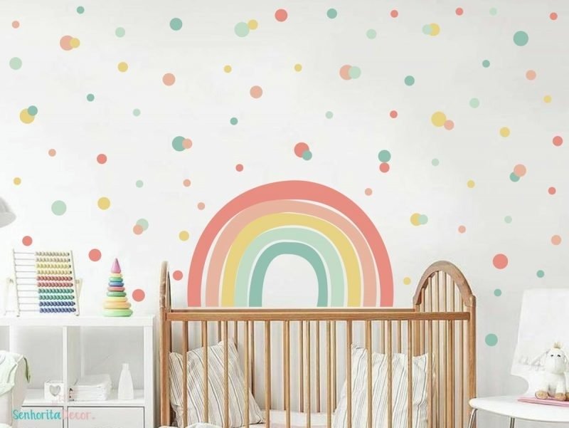 PAPEL DE PAREDE arco iris COM BOLINHAS POÁ COLORIDA