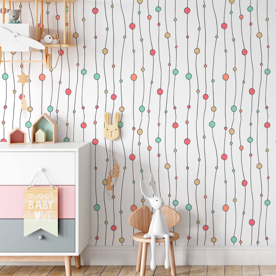 Papel De Parede Infantil Linhas e Bolinhas Coloridas