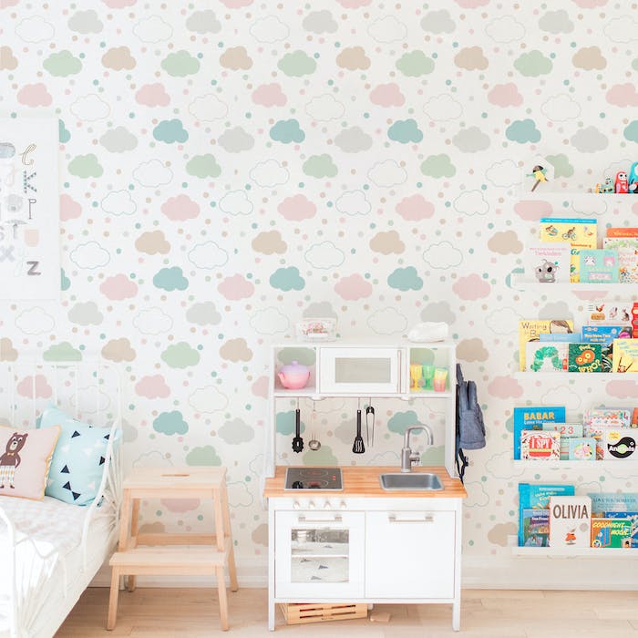 PAPEL PAREDE NUVENS DE CHUVA INFANTIL