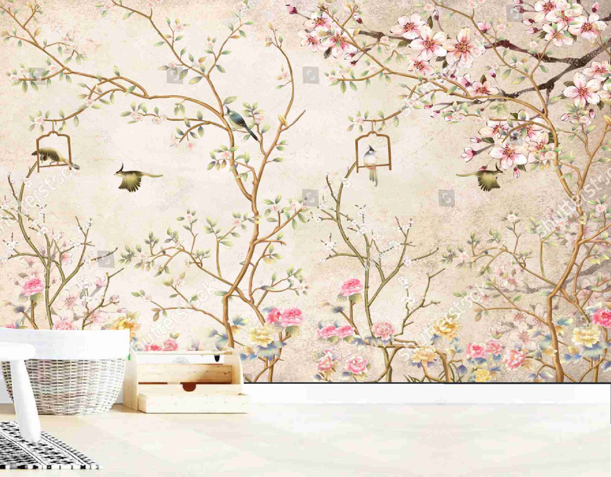 PAPEL PAREDE VINTAGE JARDIM COM FLORES AQUARELA