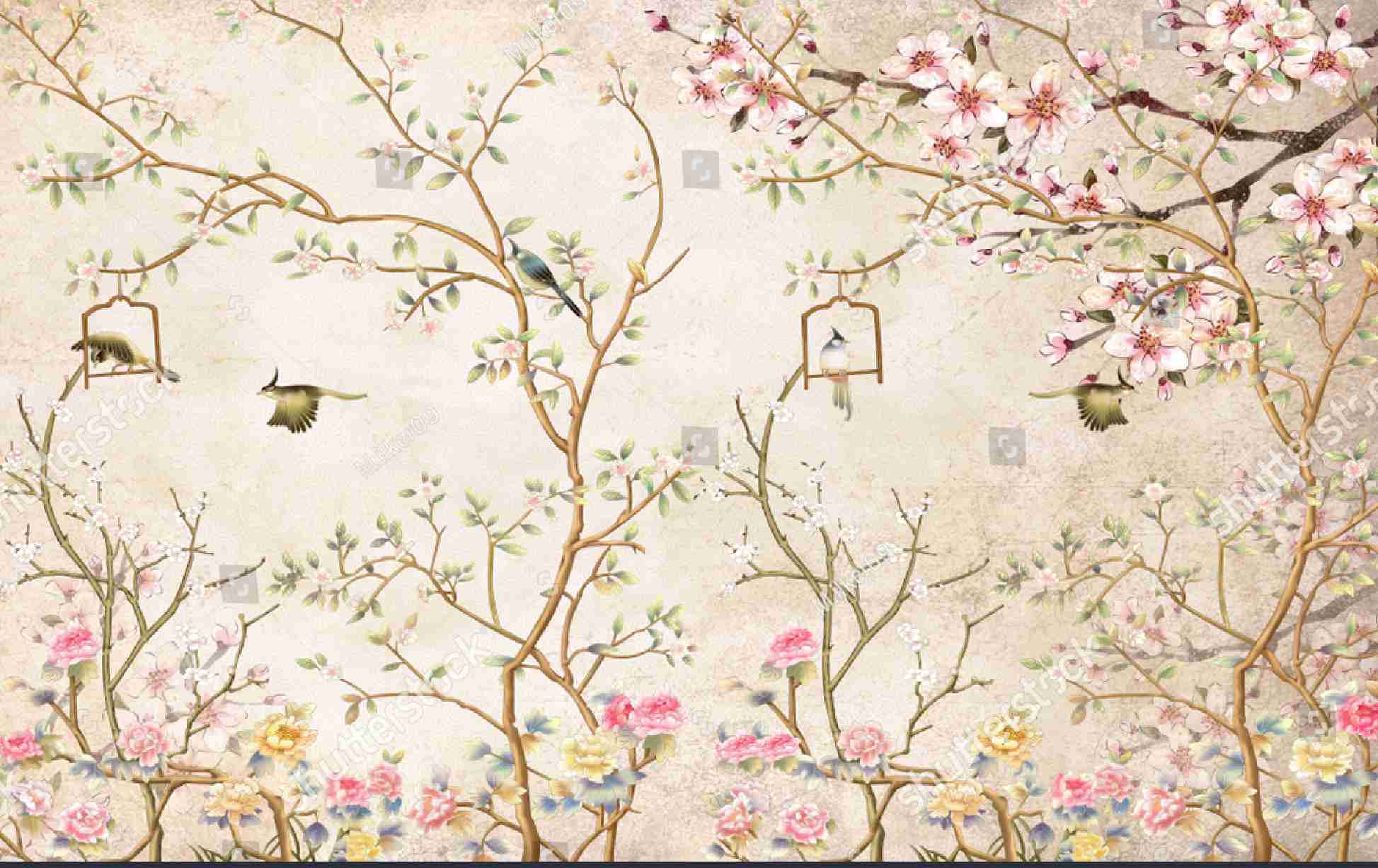 PAPEL PAREDE VINTAGE JARDIM COM FLORES AQUARELA