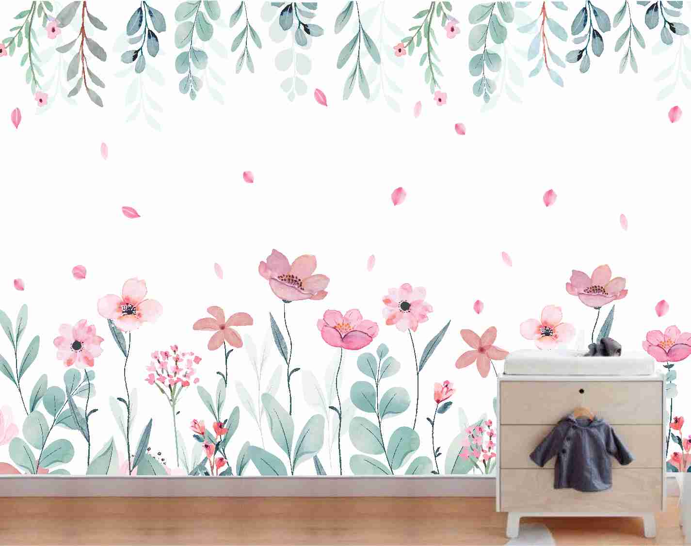 PAPEL DE PAREDE FLORES ROSAS AQUARELAS COM FOLHAS