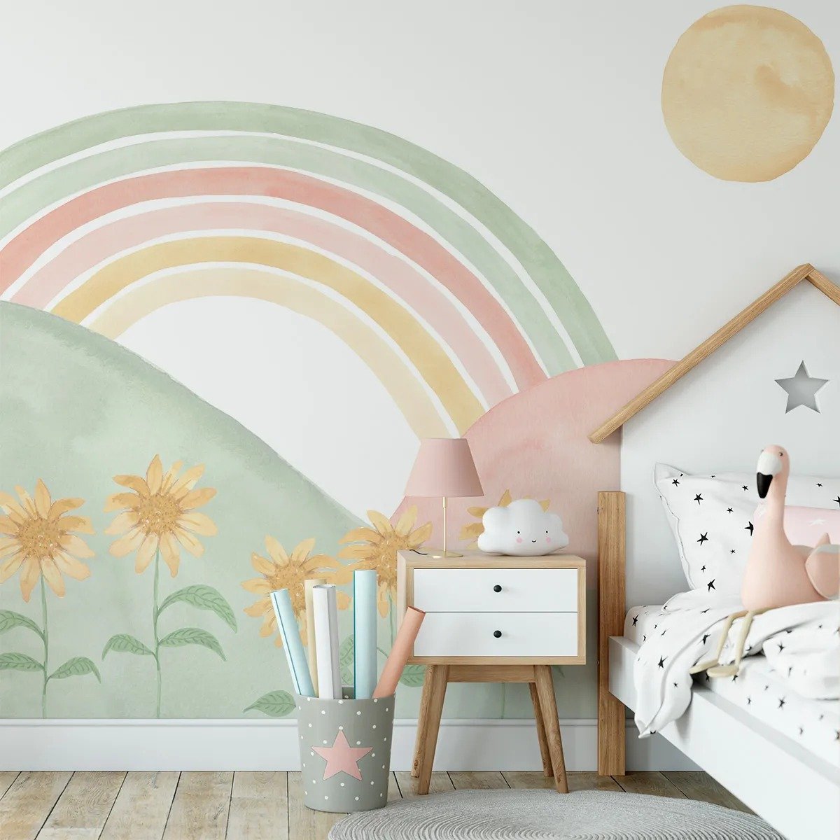 PAPEL PAREDE ARCO IRIS COM MONTANHAS E FLORES