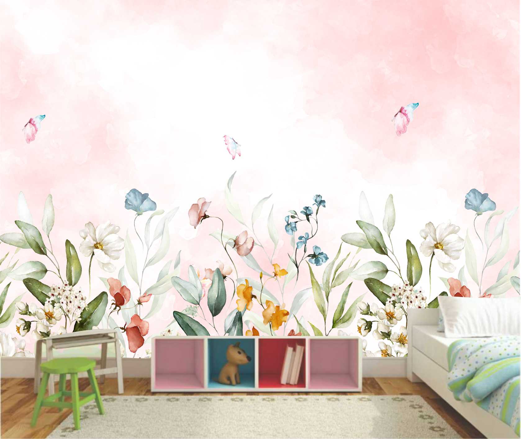 PAPEL DE PAREDE FLORES VINTAGEM AQUARELA COM BORBOLETAS E FUNDO ROSA CLARO