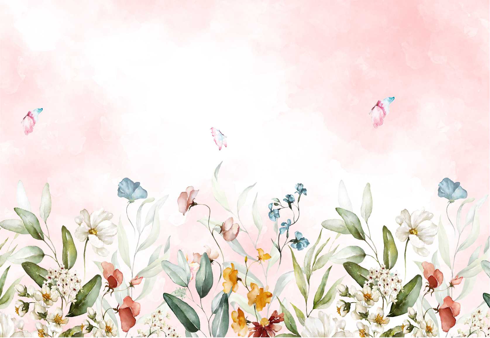 PAPEL DE PAREDE FLORES VINTAGEM AQUARELA COM BORBOLETAS E FUNDO ROSA CLARO
