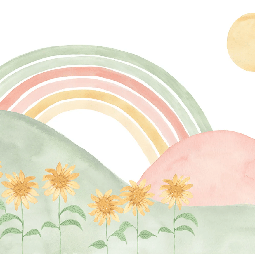 PAPEL PAREDE ARCO IRIS COM MONTANHAS E FLORES